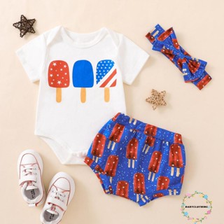 Babyclothes- ชุดรอมเปอร์ คอกลม แขนสั้น สีขาว และกางเกงขาสั้น พิมพ์ลายไอติม และที่คาดผม แฟชั่นฤดูร้อน สําหรับเด็กผู้หญิง