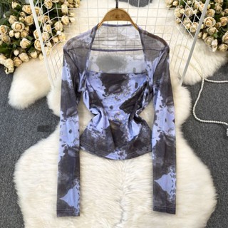 เสื้อยืดแขนยาว คอสี่เหลี่ยม ผ้าโปร่ง ป้องกันแดด ทรงสลิมฟิต สําหรับผู้หญิง 2023
