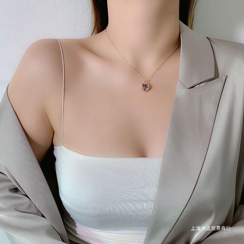 สร้อยคอเหล็กไทเทเนียม-จี้คริสตัล-รูปหัวใจพีช-หัวใจ-หลากสี