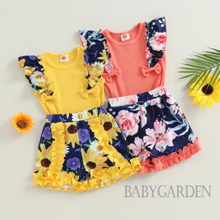 Babygarden-1-6 ปี ชุดเสื้อผ้าเด็กผู้หญิง ฤดูร้อน, เสื้อยาง ลําลอง + กางเกงขาสั้น ลายดอกไม้ แบบย่น ยืดหยุ่น