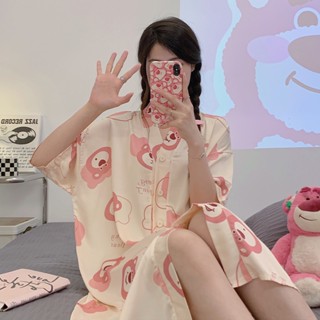 Summer new ice silk strawberry bear ladies nightdress Womens Summer Sexy Sweet Short Sleeve Pajamas Long Dress