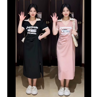【Dress Oversized】(40-100 กก.) ชุดเดรสแขนสั้น คอปกโปโล พลัสไซซ์ จับจีบ ทรงสลิมฟิต แฟชั่นเกาหลี Pakaian Wanita