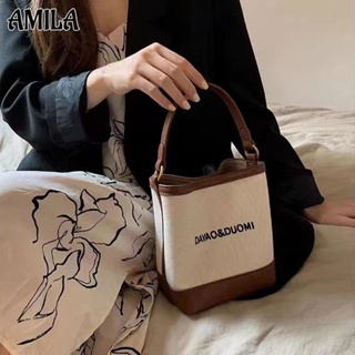 AMILA กระเป๋าผ้าใบปักลายผู้หญิง กระเป๋าสะพายทรงกระบอก การออกแบบที่เรียบง่าย ความจุสูง สตรีทแฟชั่น แฟชั่นและการพักผ่อน