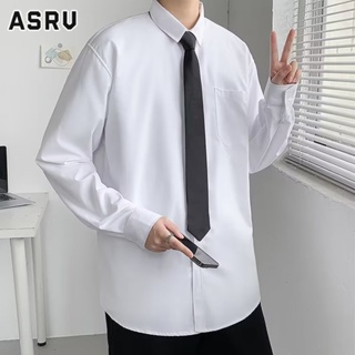 ASRV เสื้อเชิ้ตผู้ชาย เสื้อเชิ้ตแขนยาวสีขาวของผู้ชายสไตล์ญี่ปุ่นทรงหลวมสีทึบพร้อมเน็คไท