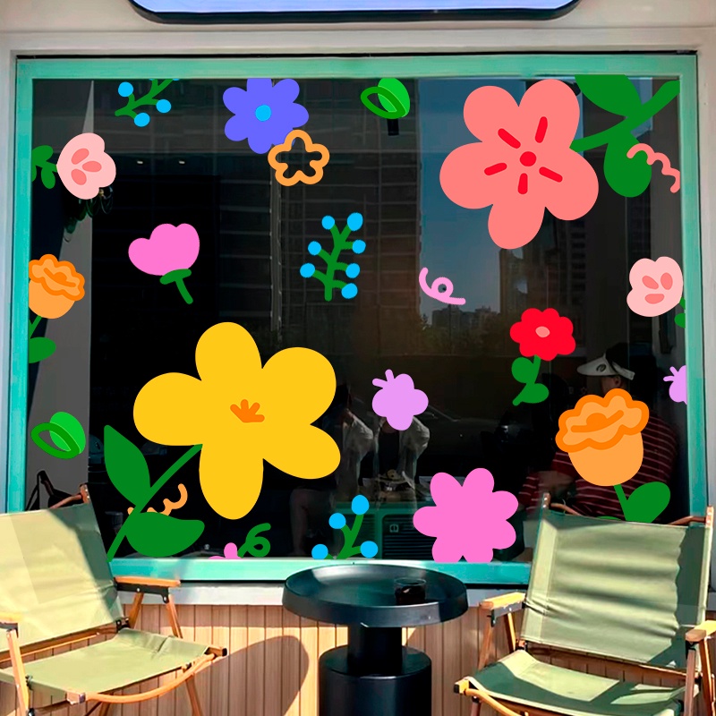 สติกเกอร์-ลายการ์ตูนดอกไม้-สําหรับติดตกแต่งกระจก-หน้าต่าง-ร้านค้า-ร้านชานม