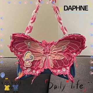 Daphne กระเป๋าถือ กระเป๋าสะพายไหล่ ผ้ายีน ทรงโท้ท ความจุเยอะ ลายผีเสื้อ พร้อมสายโซ่คล้อง สําหรับสตรี