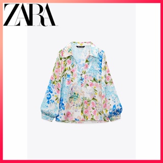 Zara ใหม่ เสื้อเชิ้ต ผ้าไหมซาติน พิมพ์ลายดอกไม้ สําหรับผู้หญิง