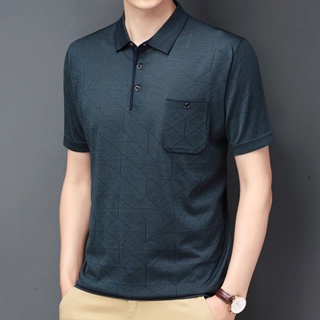 Spot high quality] pocket POLO shirt mens middle-aged father wear 2023 summer short-sleeved T-shirt ice-cold T-lapel bottomed shirt father Paul shirt Grandpa shirt boys wear