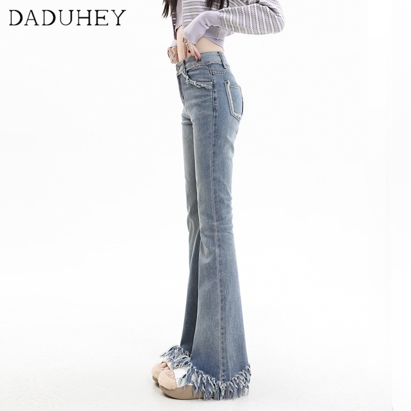 daduhey-new-korean-style-ins-light-blue-high-waisted-jeans-raw-edge-elastic-micro-flared-trousers-bootcut-jeans