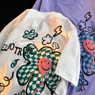 เสื้อยืดแขนสั้น พิมพ์ลายกราฟฟิติ และดอกไม้ ทรงหลวม สไตล์ญี่ปุ่น แฟชั่นฤดูร้อน สําหรับผู้หญิง