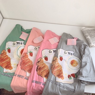 S053 เสื้อยืด oversize ผ้าคอตตอน สไตล์ minimal สกรีน ครัวซอง ไข่ดาว 🥐🍳🍓