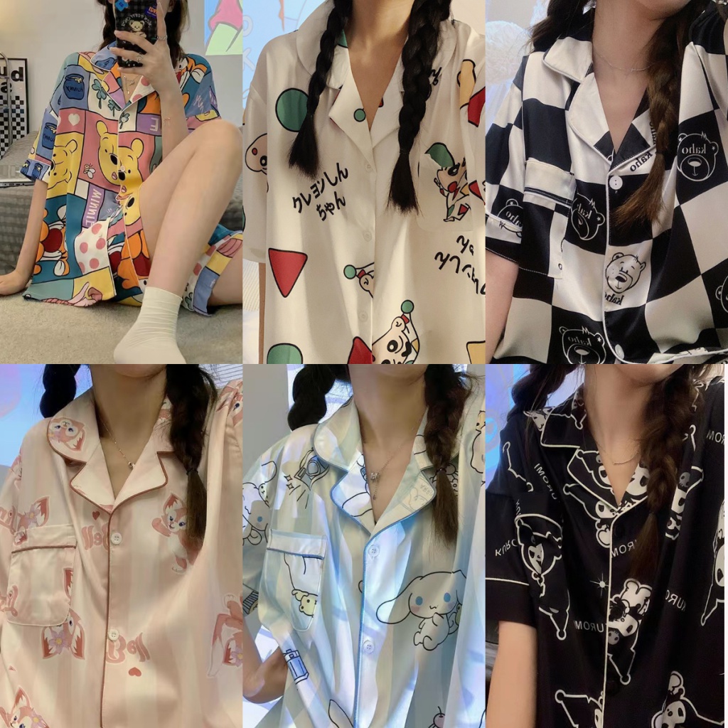 ชุดนอนผู้หญิง ชุดนอนผ้าไหมน้ำแข็ง ชุดนอนแขนสั้น เสื้อยืดแขนสั้น ...