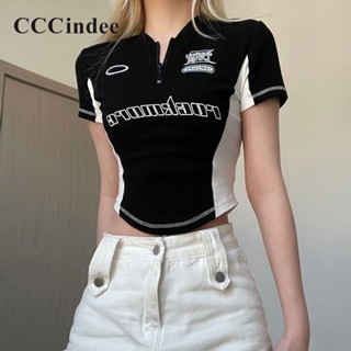 Cccindee เสื้อยืดลําลอง แขนสั้น มีซิป เข้ารูป พิมพ์ลาย สีตัดกัน แฟชั่นใหม่ สําหรับสตรี 2023