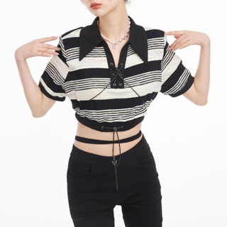 Fashion Black Stripe Short Knitted Crop Top Hem Drawstring with Lace-Up Polo Shirt