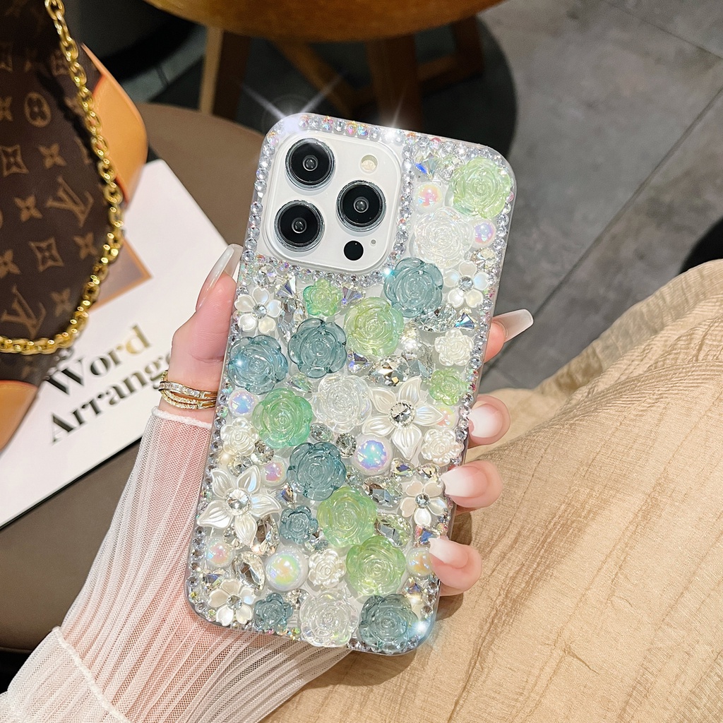 เคส-iphone-14-pro-max-13-12-11-pro-max-xs-max-13-12-โทรศัพท์มือถือ-ประดับมุก-พลอยเทียม-กลิตเตอร์-ระยิบระยับ-ลายดอกกุหลาบ-3d-หรูหรา-สําหรับ