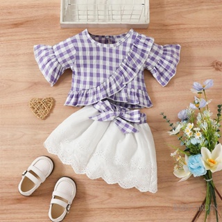 Babygarden- ชุดเสื้อแขนสั้น และกระโปรงผูกปม พิมพ์ลายสก๊อต แฟชั่นฤดูร้อน สําหรับเด็กผู้หญิง 3 เดือน -3 ปี