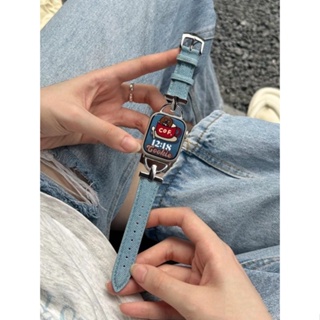 สายนาฬิกาข้อมือหนังวัวแท้ สไตล์เดนิม สําหรับ Applewatch 8 7654321 ชุดเสื้อแขนสั้น สไตล์สร้างสรรค์ สําหรับผู้หญิง