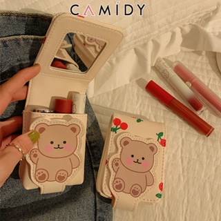 Camidy Bear Lipstick Portable Womens Travel กระเป๋าเครื่องสำอางพร้อมกระจกขนาดเล็ก กระเป๋าเก็บเครื่องสำอางขั้นสูง