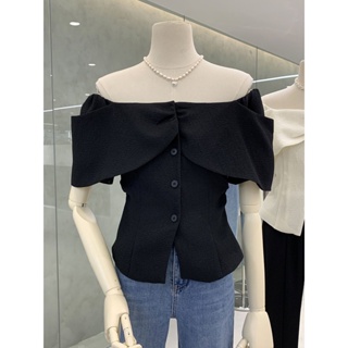 Niche Design Sense One-character Collar Ruffled Shoulder Shirt Womens Summer Stylish Fashionable Slim-fit Short-sleeved Short Top