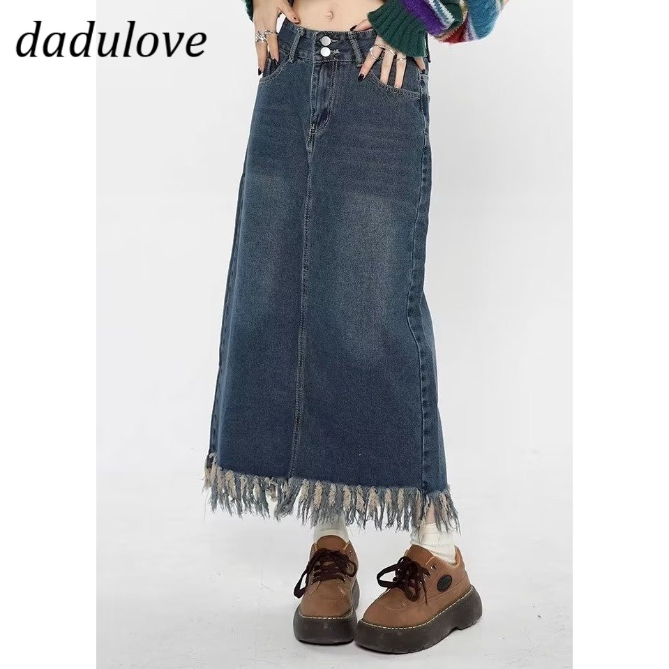 dadulove-new-american-ins-high-street-raw-edge-denim-skirt-niche-high-waist-a-line-skirt-large-size-bag-hip-skirt