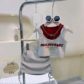พร้อมส่ง ใหม่ ชุดเสื้อยืดแขนกุด และกระโปรง สองชิ้น แฟชั่นฤดูร้อน สไตล์เกาหลี และญี่ปุ่น สําหรับเด็กผู้หญิง 2023