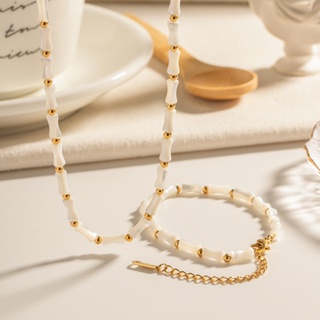 Spot second hair# niche 18K gold stainless steel Moonlight bamboo forest natural Fritillaria bone chain bracelet necklace colorfast temperament jewelry 8.cc