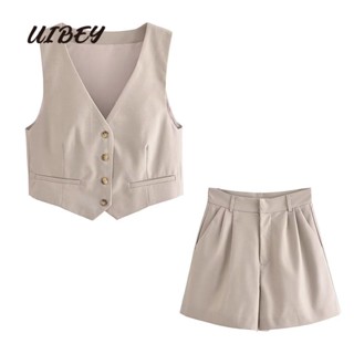 Uibey เสื้อแขนกุด คอวี + กางเกงขาสั้น เอวสูง พับได้ แฟชั่น 2274