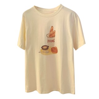 เสื้อยืดแขนสั้น คอกลม ทรงหลวม พิมพ์ลายขนมปัง แฟชั่นฤดูร้อน สไตล์เกาหลี สําหรับผู้หญิง 2023