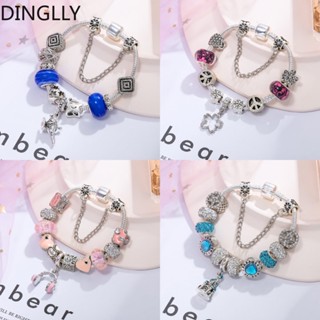 Dinglly สร้อยข้อมือ ลูกปัดหัวใจ สีชมพู สําหรับผู้หญิง DIY ดอกไม้ และปราสาท สร้อยข้อมือ