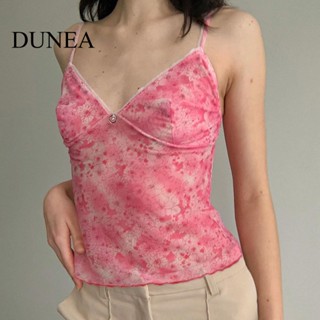 Dunea เสื้อกล้าม คอวี ผ้าตาข่าย ลายดอกไม้ เซ็กซี่ สําหรับผู้หญิง