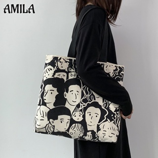 AMILA กระเป๋าสะพายข้างพิมพ์ลายเรโทร อินสไตล์มหาลัย กระเป๋าผ้าแคนวาสสุดชิคสไตล์ญี่ปุ่นฮาราจูกุ ความจุสูง การเดินทางของนักเรียน