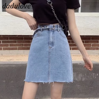 DaDulove💕 New Korean Version of Ins Raw Edge Denim Skirt Niche High Waist A- line Skirt Large Size Package Hip Skirt