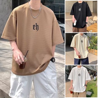 เสื้อยืดลําลอง แขนสั้น คอกลม ทรงหลวม ลายวาฟเฟิล แฟชั่นเรียบง่าย สไตล์เกาหลี สําหรับผู้ชาย