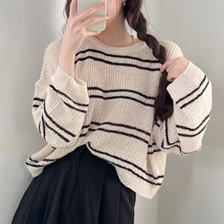 [พร้อมส่ง] เสื้อเชิ้ตแขนยาว ผ้าถัก ลายทาง ทรงหลวม สไตล์เกาหลี