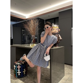 XFZS MIU MIU 23 spring and summer new girls style full letter jacquard metal head belt design bubble sleeve age-reducing dress