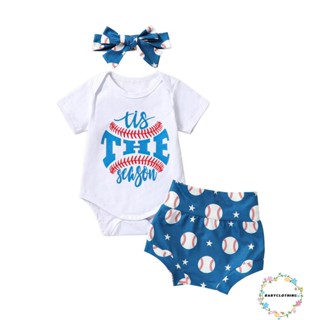 Babyclothes- ชุดรอมเปอร์ แขนสั้น พิมพ์ลายตัวอักษร พร้อมกางเกงขาสั้น พิมพ์ลายเบสบอล และที่คาดผม สําหรับเด็กผู้หญิง