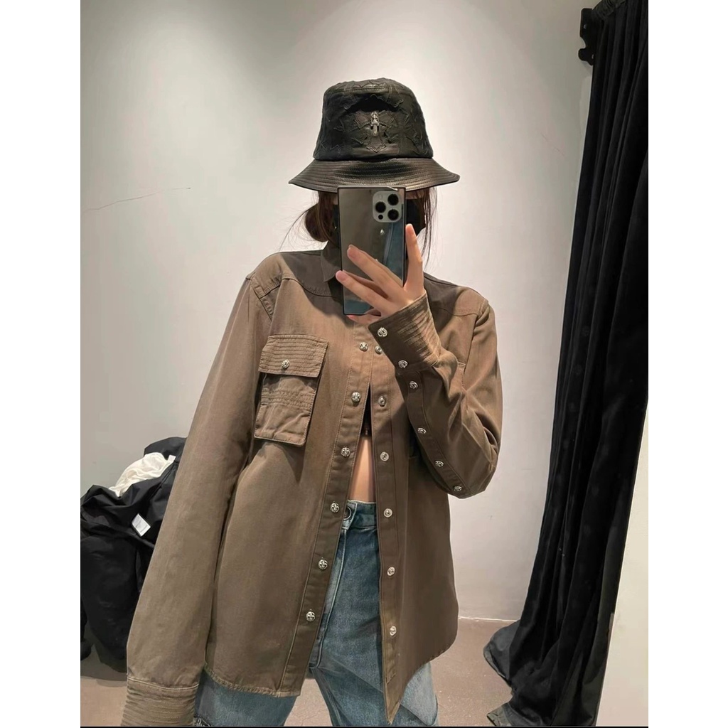 y8hm-chrome-hearts-2023-autumn-and-winter-new-ribbon-contrast-color-disc-shirt-womens-embroidered-logo-decorative-design-fashion-loose-coat-for-women