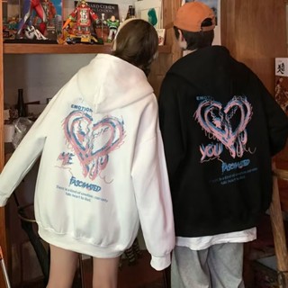 เสื้อกันหนาว มีฮู้ด ทรงหลวม ลายหัวใจ แฟชั่นคู่รัก สไตล์เกาหลี สําหรับผู้หญิง