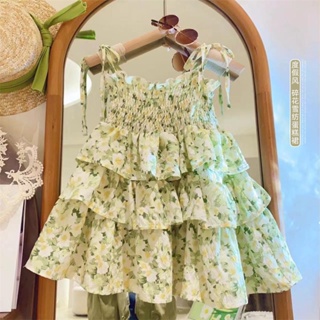 Korean childrens wear girls weave cake skirt holiday style sling sweet green flowers beach sling dress trend