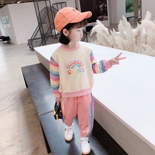 [พร้อมส่ง] ชุดเสื้อกันหนาว แขนยาว สีรุ้ง สองชิ้น แฟชั่นฤดูใบไม้ผลิ ฤดูใบไม้ร่วง สําหรับเด็กผู้หญิง 2023