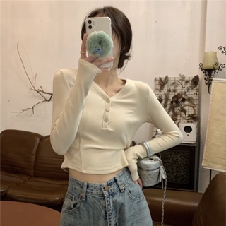 8593# Ribbed v-neck long-sleeved T-shirt Female Design Sense Niche Slim Sweetheart Short Long Sleeve Top