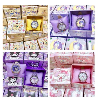 นาฬิกาข้อมือควอตซ์อิเล็กทรอนิกส์ ลายการ์ตูน Sanrio My Melody Hello Kitty Cinnamoroll Kuromi Purin Pompom พร้อมกล่องของขวัญ สําหรับเด็ก