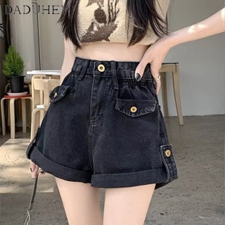 DaDuHey🎈 2023 Womens American-Style Retro Washed Cargo Pocket High Waist Jeans Loose Casual Wide Leg Denim Shorts