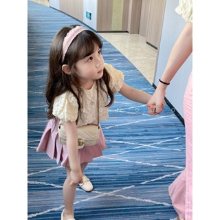 ชุดเสื้อแขนสั้น และกระโปรงพลีท สีชมพู สไตล์เกาหลี สําหรับเด็กผู้หญิง อายุ 2-8 ปี