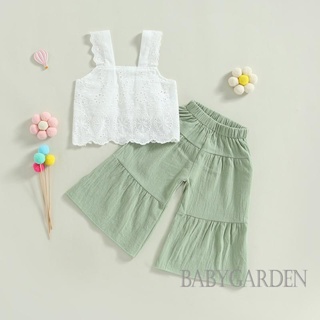 Babygarden-3-8 ปี ชุดเสื้อผ้าเด็กผู้หญิง ฤดูร้อน, สีพื้น แขนกุด ลูกไม้ เสื้อกล้าม + กางเกง ขากว้าง ยืดหยุ่น ลําลอง