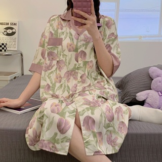 Summer new ice silk nightdress for women Sexy sweet tulip womens short-sleeved pajamas dress