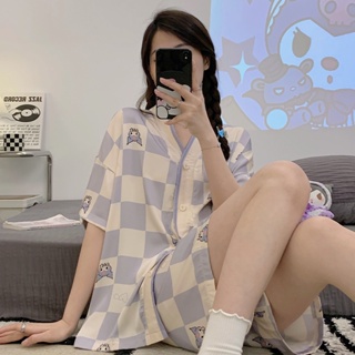Ice silk cartoon plaid short-sleeved shorts new pajamas Womens summer new plus size womens home suit