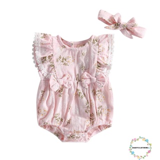 Babyclothes- ชุดรอมเปอร์ บอดี้สูท จั๊มสูท รอมเปอร์ ลายดอกไม้ ลูกไม้ แขนบิน ฤดูร้อน พร้อมที่คาดผม สําหรับเด็กผู้หญิง