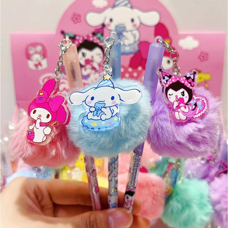 6-ชิ้น-sanrio-kawaii-plushh-mymelody-kuromi-cinnamoroll-little-twin-stars-จี้ตุ๊กตาบอลหมึกเจลปากกาน่ารักสําหรับโรงเรียนเครื่องเขียนสํานักงานเขียนอุปกรณ์คริสต์มาสของขวัญ