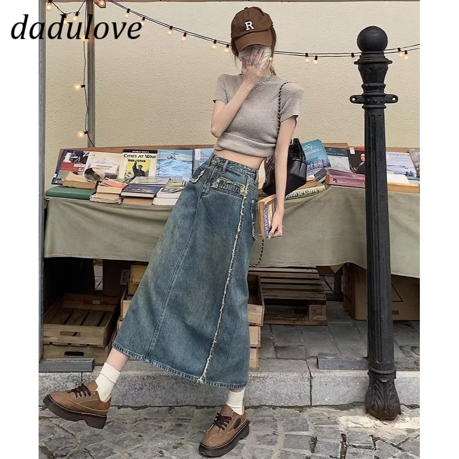 dadulove-new-korean-version-of-ins-retro-raw-edge-denim-skirt-niche-high-waist-a-line-skirt-package-hip-skirt